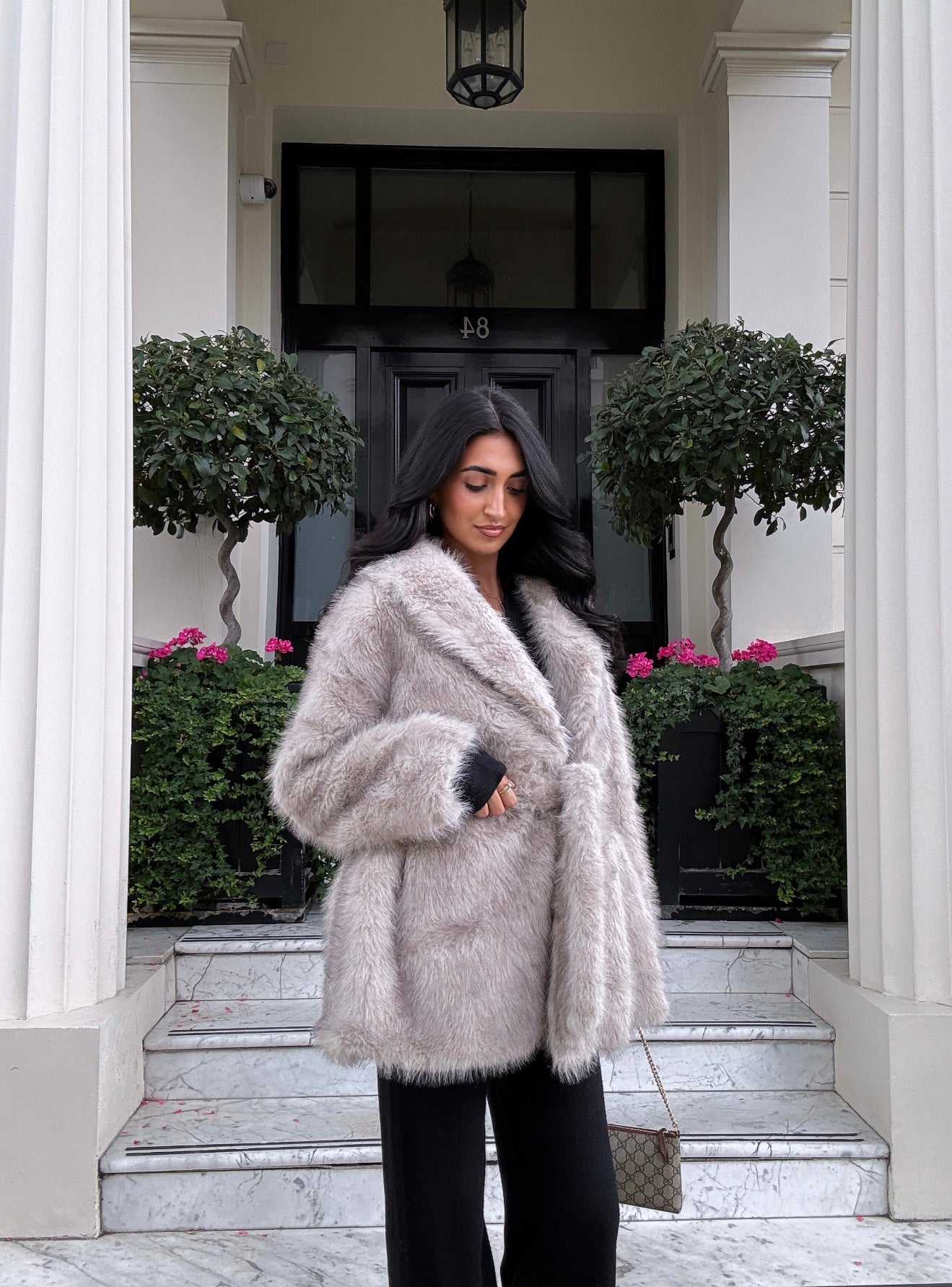 Veste fourrure ceinturée beige