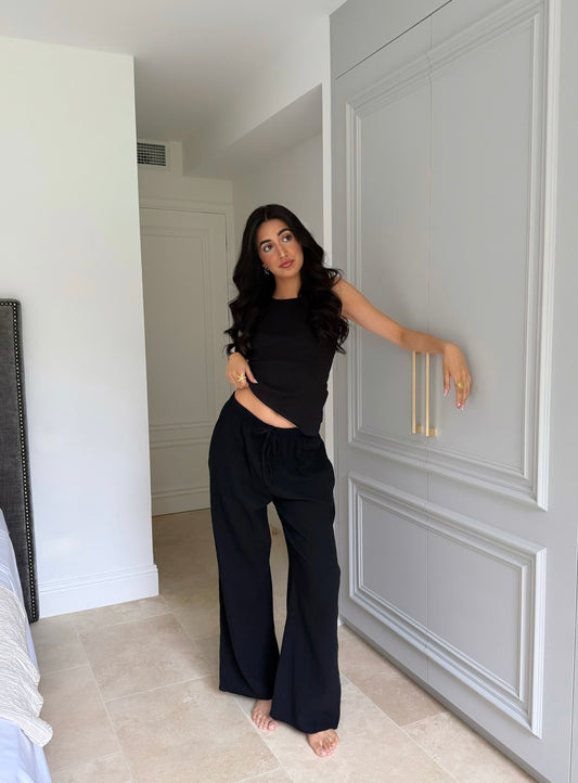 schwarze Baumwollgaze-Hose