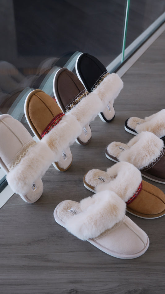Pantoufles fourrées liseret (4 coloris)