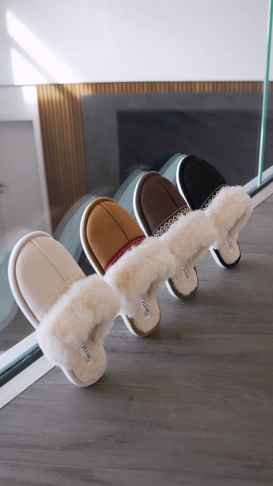 Pantoufles fourrées liseret (4 coloris)