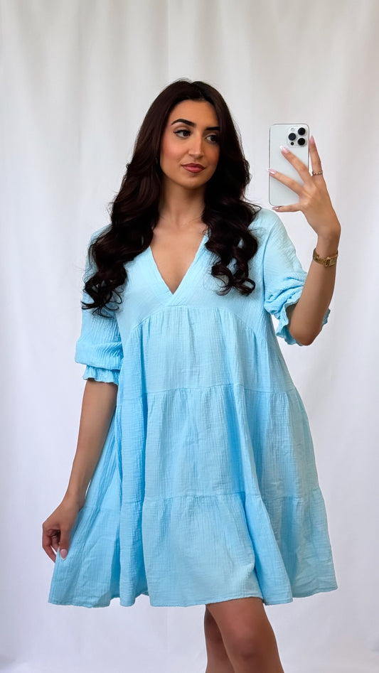 vestido de patinadora de gasa de algodón azul